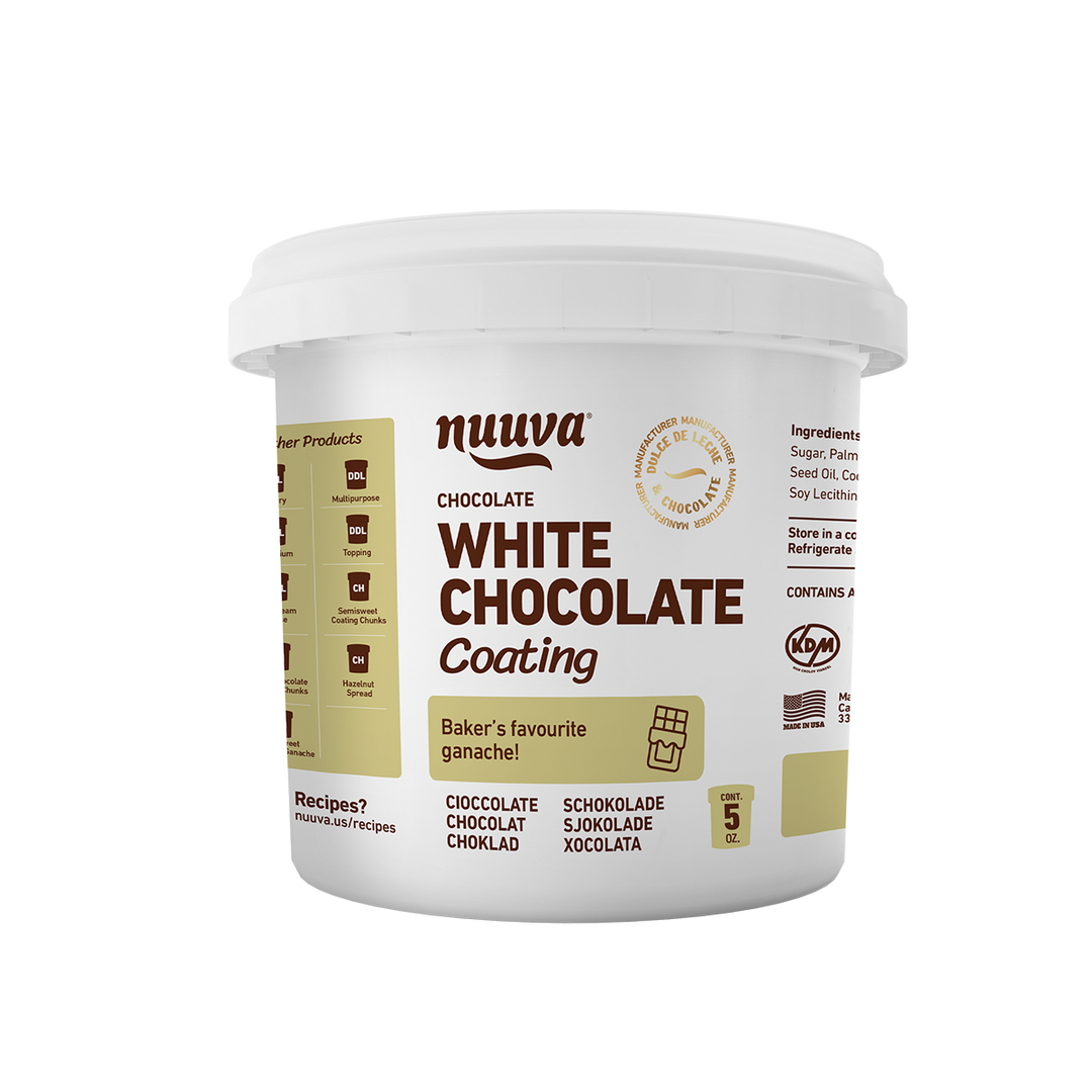 A container of Nuova white chocolate coating, with branding and product information displayed on the label.