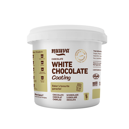 A container of Nuova white chocolate coating, with branding and product information displayed on the label.