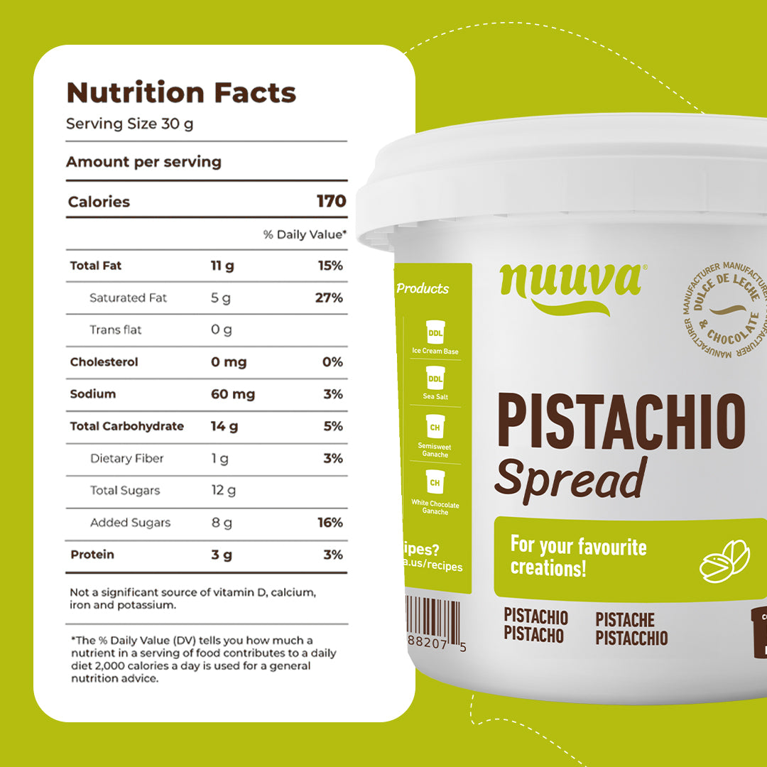 Nuuva Pistachio Spread with nutrition facts label